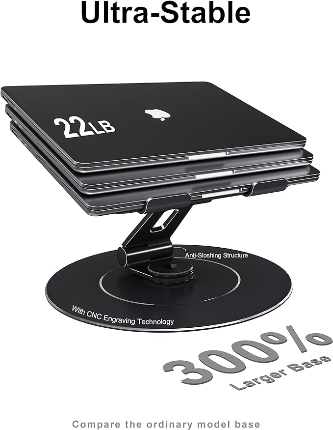 Ultra-Stable Swivel Laptop Stand for Desk with 360 Rotating Larger Base, Military-Grade Aluminum Anti-Loosening Structure - Height Adjustable Laptop Stand Suitable for 10-17.3 inch