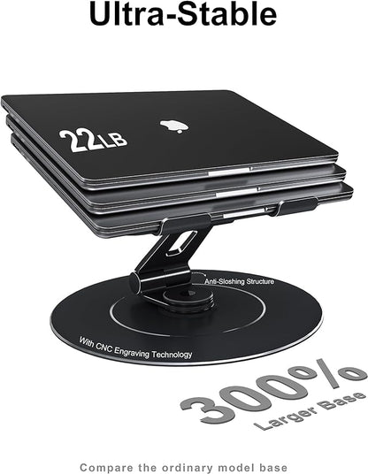 Ultra-Stable Swivel Laptop Stand for Desk with 360 Rotating Larger Base, Military-Grade Aluminum Anti-Loosening Structure - Height Adjustable Laptop Stand Suitable for 10-17.3 inch