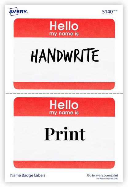 Avery Hello My Name is Name Tags, White with Red Border, 100 Removable Name Badges (05140)