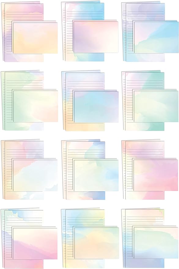 Better Office Products Mini Stationery Set, 100 Piece Set (50 Lined Watercolor Sheets + 50 Matching Envelopes), 5.5 x 8.25 inch, 12 Unique Designs, Double Sided Printing, One Side Lined Paper,