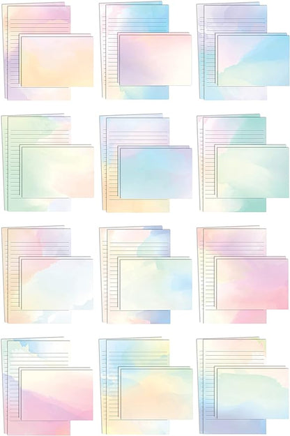 Better Office Products Mini Stationery Set, 100 Piece Set (50 Lined Watercolor Sheets + 50 Matching Envelopes), 5.5 x 8.25 inch, 12 Unique Designs, Double Sided Printing, One Side Lined Paper,