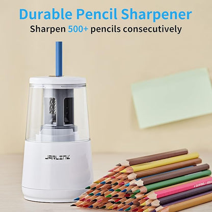 JARLINK Electric Pencil Sharpener, Heavy-Duty Helical Blade to Fast Sharpen, Auto Stop for No.2/Colored Pencils(6-8mm), USB/Battery Operated in School Classroom/Office/Home (White)
