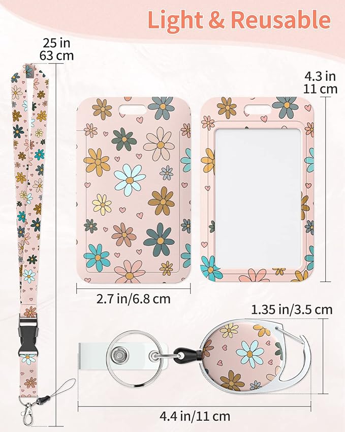 Uniclife Floral Sliding Badge Holder Colorful Flower Plastic Case with Retractable Badge Reel Carabiner Clip and Detachable Lanyard Strap Fashionable Vertical Card Protector for Women Teacher Student