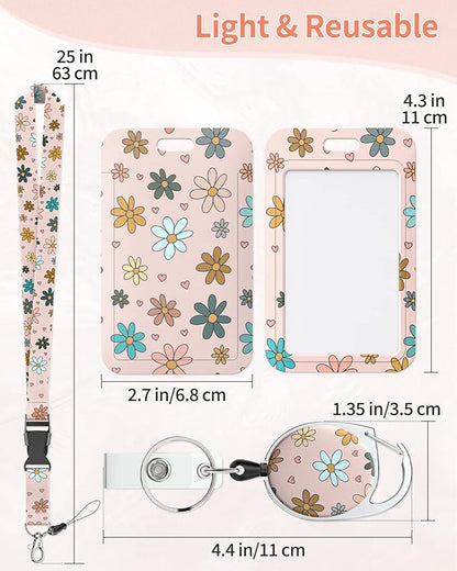 Uniclife Floral Sliding Badge Holder Colorful Flower Plastic Case with Retractable Badge Reel Carabiner Clip and Detachable Lanyard Strap Fashionable Vertical Card Protector for Women Teacher Student