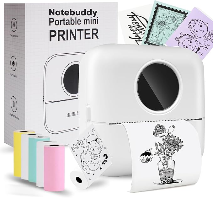 BRONA Notebuddy Mini Portable Printer, Bluetooth Smart Pocket Inkless Thermal Printer with 5 Roll Papers for Journal/DIY Scrapbook/Travel/Notes/Lists/Label/Memo, Receipt Printer for iOS&Android
