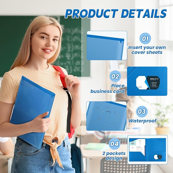 Henoyso 36 Pcs Plastic Folders with Clear Front Pockets Heavy Duty File Folders with 2 Pockets and Card Slot for Student Communication School Office Presentation Report (Blue)