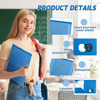 Henoyso 36 Pcs Plastic Folders with Clear Front Pockets Heavy Duty File Folders with 2 Pockets and Card Slot for Student Communication School Office Presentation Report (Blue)