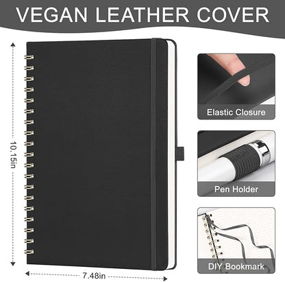 AHGXG Bullet Dotted Journal Spiral Notebook, Large B5 Dotted Notebook 140 Pages, Leather Hardcover, 100 GSM Thick Dot Grid Paper, Inner Pocket, for Bullet Journaling, 7.6" x 10", Black