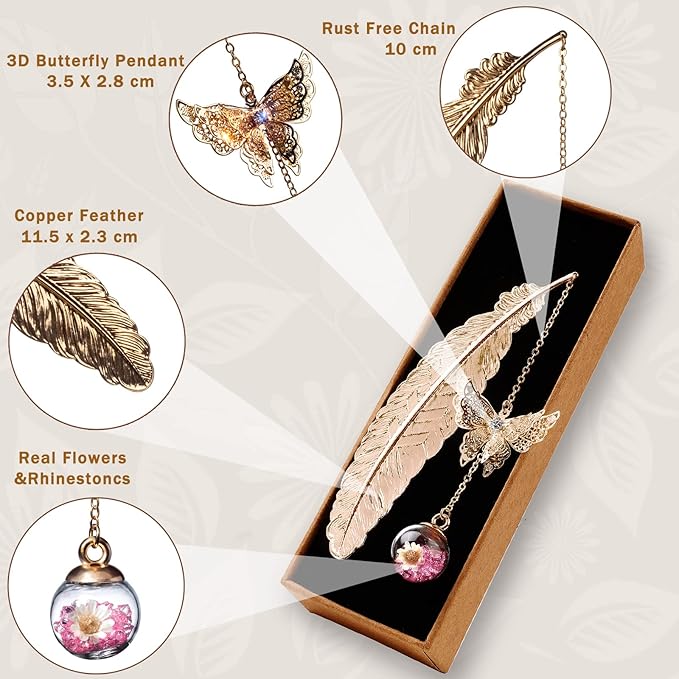 Toirxarn Gold Feather Bookmark with Butterfly Charm - Elegant Bookmarks for Women, Teacher Appreciation Gifts, Book Lovers Gifts, Book Marker for Reading, Unique Birthday Gifts, Stocking Stuffers