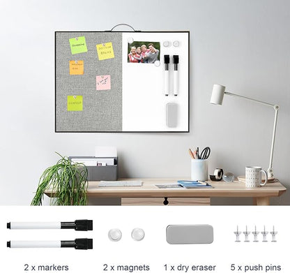 Small White Board Cork-Board Combo - 16 X 12 inches Gray Linen Board & Magnetic Dry Erase Board for Wall, Mini Bulletin Cork Board with Holder for Office, Home and School