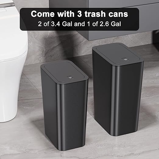 N. NETDOT Bathroom Trash Can with Lid 3 Pack Set, 2 Packs 4 Gal Slim Kitchen Trash Can and 1 Pack 2.6Gal Garbage Can, Small Trash Can/Trash Bin/Waste Basket for Bedroom (Black, Pack of 3)