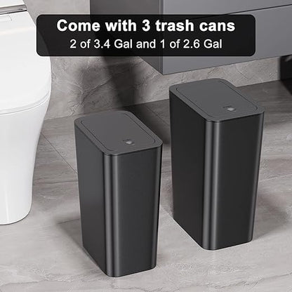 N. NETDOT Bathroom Trash Can with Lid 3 Pack Set, 2 Packs 4 Gal Slim Kitchen Trash Can and 1 Pack 2.6Gal Garbage Can, Small Trash Can/Trash Bin/Waste Basket for Bedroom (Black, Pack of 3)