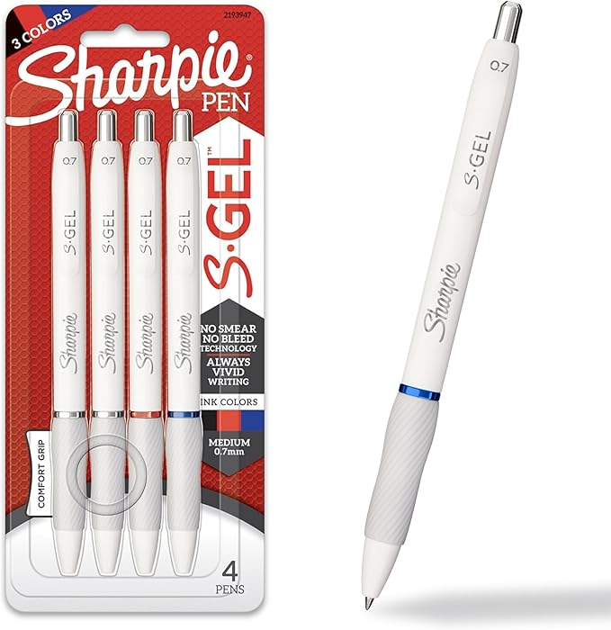 SHARPIE S-Gel, Gel Pens, Drawing Pens, Gel Ink Pens for Journaling, Writing Pens, Coloring Pens, Medium Point Pens (0.7mm), White Barrel, Assorted Ink Colors, 4 Count