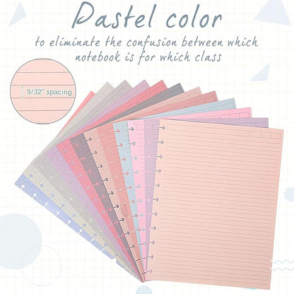 PerKoop 12 Pack 480 Sheets Colored Discbound Refill Paper 8.5 x 11 Inch College Ruled 11 Disc Letter Size Lined Paper Multicolored Refill Notebooks Disc Paper for Refill Paper Journaling (Poi Color)