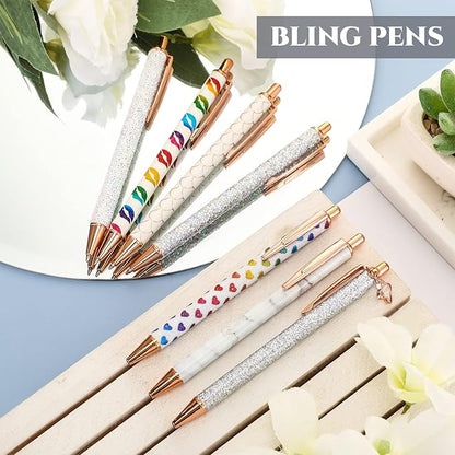 Sherr 7 Pcs Fancy Pens for Women Cute Sparkly Glitter Pens with 10 Pcs Black Ink Refills Pretty Gifts for Girls Office School Christmas Graduation(White,Novel)