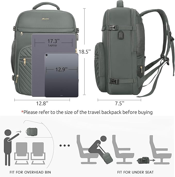 Travel Backpack for Women, Carry On Backpack for Airplanes Flight Approved, Waterproof Large Weekender Overnight Bag Fit 17 Inch Laptop with USB Charging Port, Olive Green