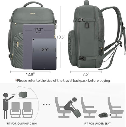 Travel Backpack for Women, Carry On Backpack for Airplanes Flight Approved, Waterproof Large Weekender Overnight Bag Fit 17 Inch Laptop with USB Charging Port, Olive Green