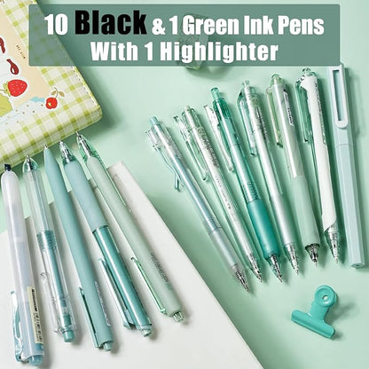 Four Candies 12Pack Pastel Gel Ink Pen Set, 11 Pack Black Ink Pens with 1Pack Highlighter for Writing, Retractable 0.5mm Fine Point Cute Note Taking Pens for School Office (Green)