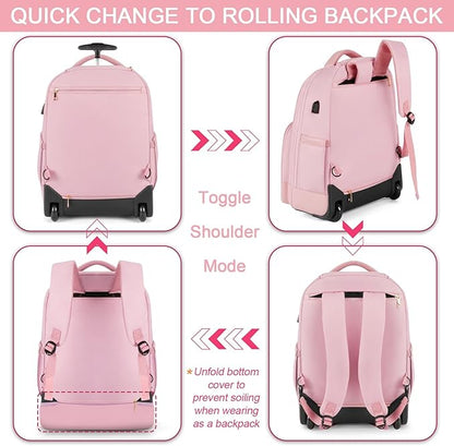 Rolling Backpack Carry On Luggage For Adults With Wheels, 40L Wheeled Backpack For Women, Travel Roller Backpack, Rolling Bag, Pink