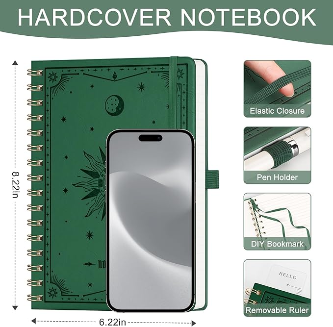 EMSHOI A5 Spiral Notebook Lined Journal for Women Men - Thick 100GSM 140 Numbered Pages College Ruled, PU Leather Hardcover Notebook for Work School Journaling Writing Gift, 6"x8" (DarkGreen)