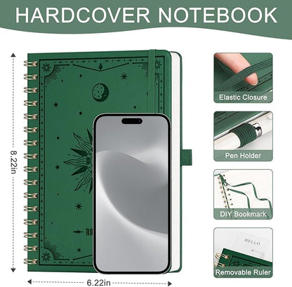 EMSHOI A5 Spiral Notebook Lined Journal for Women Men - Thick 100GSM 140 Numbered Pages College Ruled, PU Leather Hardcover Notebook for Work School Journaling Writing Gift, 6"x8" (DarkGreen)