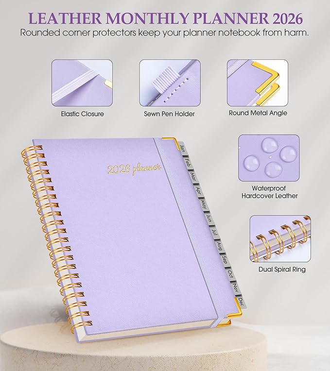 2026 Planner, Weekly and Monthly Calendar Planner from January 2026 - December 2026, 5.75" x 8.38" Hardcover Leather Hourly Appointment Book with Tabs, A5 Spiral Daily Planners for College School Work Home, Purple