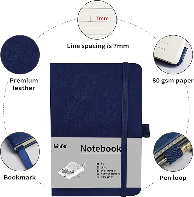 Mlife 3 Pack A6 Small Journal Notebook, Lined Pocket Notebook with Pen Holder, Mini Notebook Hardcover, 192 Pages Blue