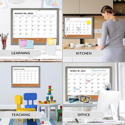 Monthly Whiteboard Calendar & Corkboard for Wall, Magnetic 17"x13" Dry Erase Board with Gray Wood Framed, 2in1 White Board Cork Board Combo, Calendar Bulletin Board for Kitchen Planner Memo Office