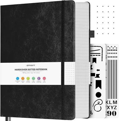 Bullet Dotted Journal, Large A4 Hardcover Leather Journal, 312 Numbered Pages Thick Journal, 100gsm No Bleed Paper Dot Grid Notebook for Women Men, 8.5'' × 11'', Black