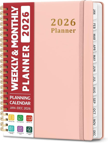 2026 Planner, Weekly and Monthly Calendar Planner, January 2026 - December 2026, Hardcover 2026 Calendar Planner Book with Tabs For Women & Men, Inner Pocket, Spiral Bound, Perfect for Office Home School Supplies - A5 (6.3" x 8.5"), Pink