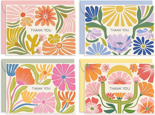 S&O Thank You Cards with Envelopes - Blank Stylish papers for Handwritten Messages -Set of 24 decor sheets and Envelopes - Assorted cute Cards with Stylish Color covers to Mix & Match