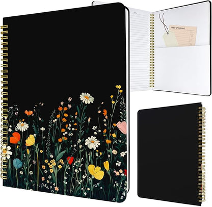 Cute Spiral Notebook journal B5 Aesthetic Pretty Design for Women Girls Kawaii with Pocket, 10 x 7.2 inch, Lined, Black Flower