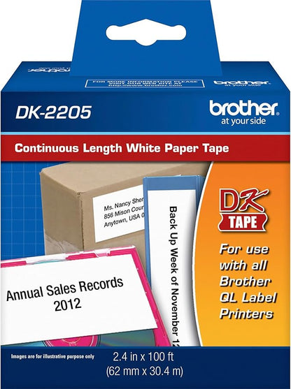 Brother Genuine, DK-2205 Continuous Paper Label Roll, Cut-to-Length Label, 2.4” x 100 Feet, (1) Roll Per Box