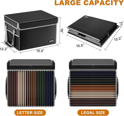DocSafe File Box Fireproof File Storage Organizer Box with Lid,Collapsible Document Storage Filing Box for Hanging Letter/Legal Folder,Portable Home Office Safe Box Bin Cabinet with Handle,Black