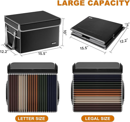 DocSafe File Box Fireproof File Storage Organizer Box with Lid,Collapsible Document Storage Filing Box for Hanging Letter/Legal Folder,Portable Home Office Safe Box Cabinet with Handle,Black,2 Pack