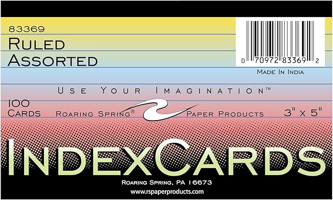Roaring Spring Colored Index Cards 3"x5", 100 Count, Smooth 100# Index Paper, Ruled on Front, Blank on Back, 3 Colors (Pack of 1)