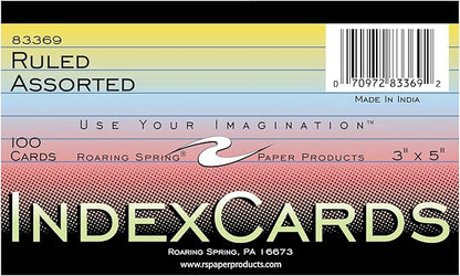 Roaring Spring Colored Index Cards 3"x5", 100 Count, Smooth 100# Index Paper, Ruled on Front, Blank on Back, 3 Colors (Pack of 1)