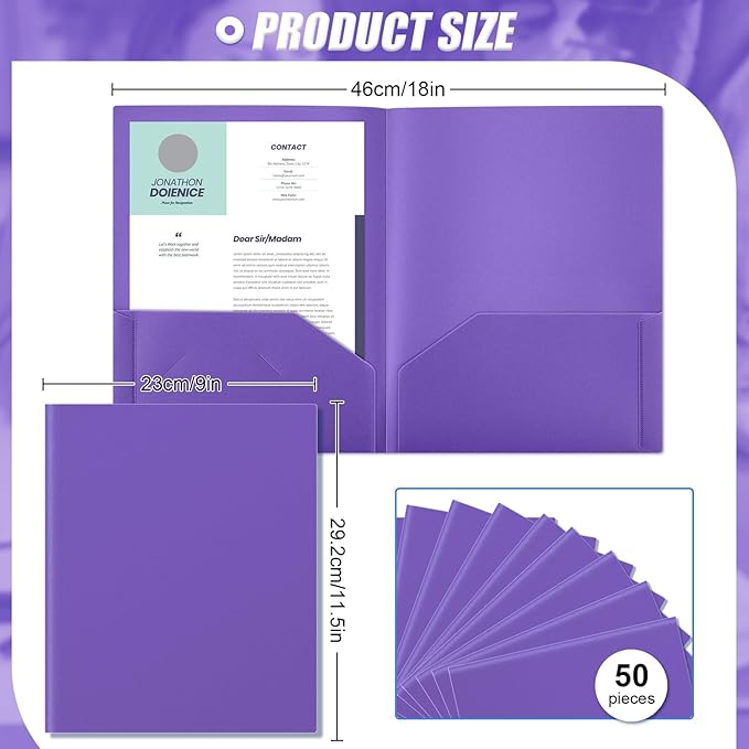 Gueevin 50 Pcs Plastic Folders with Pockets, Two Pocket Folder Fit Letter Size, Heavy Duty School Business Card Holder for Home Office School Bussiness, 11.61 x 9.45 Inches (Purple)