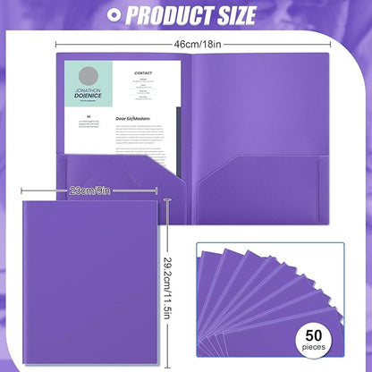 Gueevin 50 Pcs Plastic Folders with Pockets, Two Pocket Folder Fit Letter Size, Heavy Duty School Business Card Holder for Home Office School Bussiness, 11.61 x 9.45 Inches (Purple)