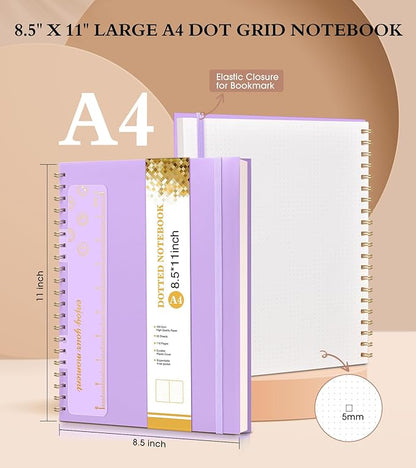 Dotted Notebook, Spiral Notebook Journal 8.5” x 11”, A4 Large Dot Grid Notebooks for Women Men, 100 GSM Dotted Paper, Plastic Hardcover Spiral Bullet Dotted Journals for Work School Sketching, Purple