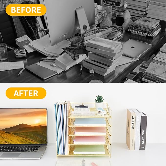 Desk Organizers and Accessories, 5-Tier Paper Letter Tray Organizer with File Holder, Desktop Organizer for Office Supplies, Office Desk Accessories & Workspace (Gold)