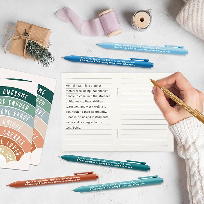 Janlaugh 200 Pcs Positive Affirmations Reminder Notepad Motivational Pen Positive Psychology Pocket Notebooks with Colored Ballpoint for Volunteer Week Mental Health Therapy Teacher Student Classroom