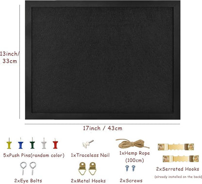 Black Bulletin Boards Cork Board with Felt, 17"x13" Small Display Pin Board Vision Board for Walls, Jewelry, Notes, Collection, Photos, Office, Wood Framed(Black) & Felt(Black), 1pc