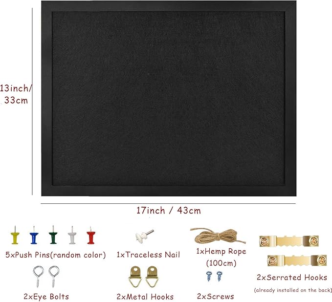 Black Bulletin Boards Cork Board with Felt, 17"x13" Large Display Pin Board Vision Board for Walls, Jewelry, Notes, Collection, Photos, Office, Wood Framed(Black) & Felt(Black), 2pc
