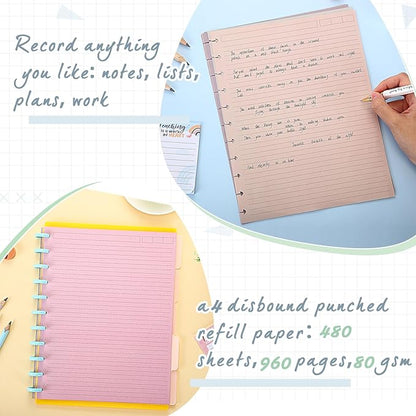 PerKoop 12 Pack 480 Sheets Colored Discbound Refill Paper 8.5 x 11 Inch College Ruled 11 Disc Letter Size Lined Paper Multicolored Refill Notebooks Disc Paper for Refill Paper Journaling (Poi Color)