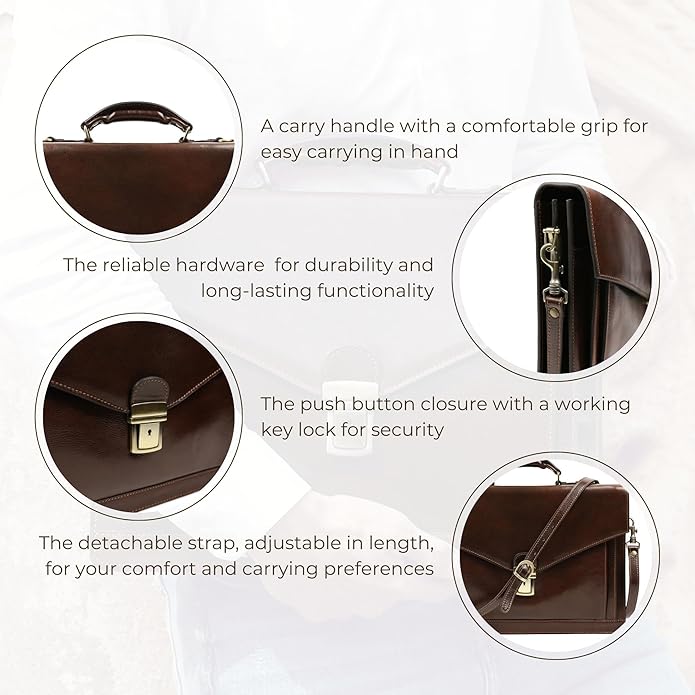Time Resistance Leather Briefcase for Men - Business Laptop Bag - Italian Handmade Leather Bag - Attache - Gift Box Included