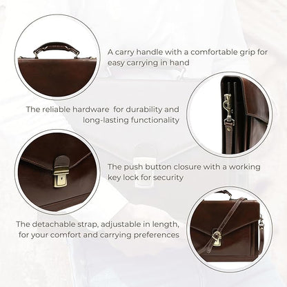 Time Resistance Leather Briefcase for Men - Business Laptop Bag - Italian Handmade Leather Bag - Attache - Gift Box Included