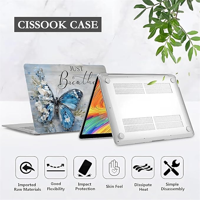 Compatible with MacBook Air 13.6 Inch Case 2024 2023 2022 Release Model A3113 M3 A2681 M2, Blue Flower Butterfly Hard Plastic Shell Cover Case