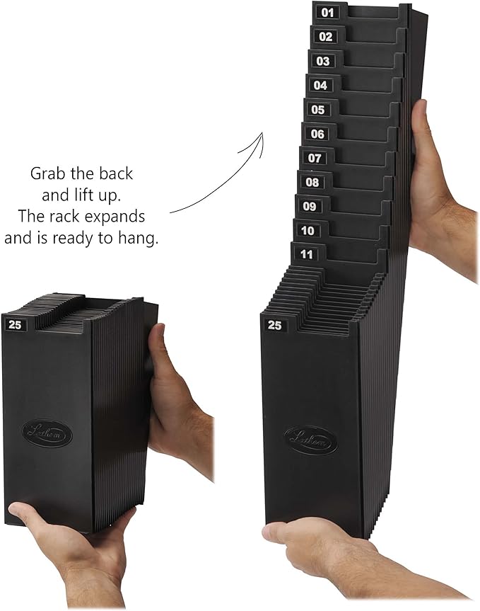 Lathem Expanding Time Card Rack for 9" Cards, 25 Pockets, Black Plastic, Mounting Hardware (25-9EX)