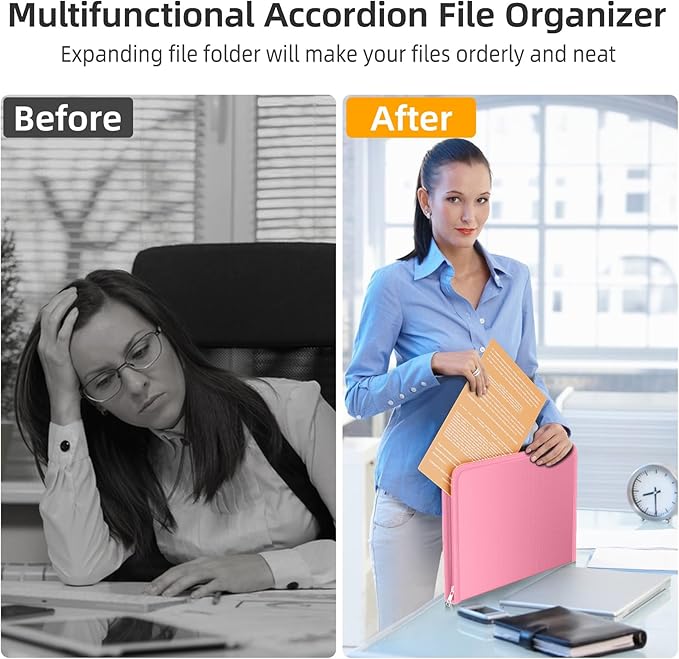 Fireproof Accordion File Organizer, Portable Expanding File Folder with Waterproof Zipper&Labels, Pink Document Organizer with 13 Pockets, File Organizer for Important Document/Paper Storage
